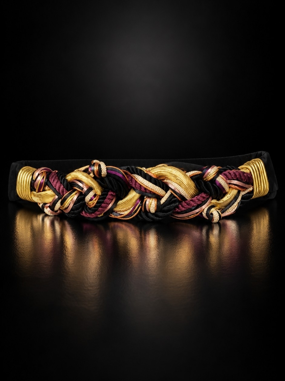 Vintage 80s Metallic Braided Knot Statement Belt Black Gold Burgundy S/M